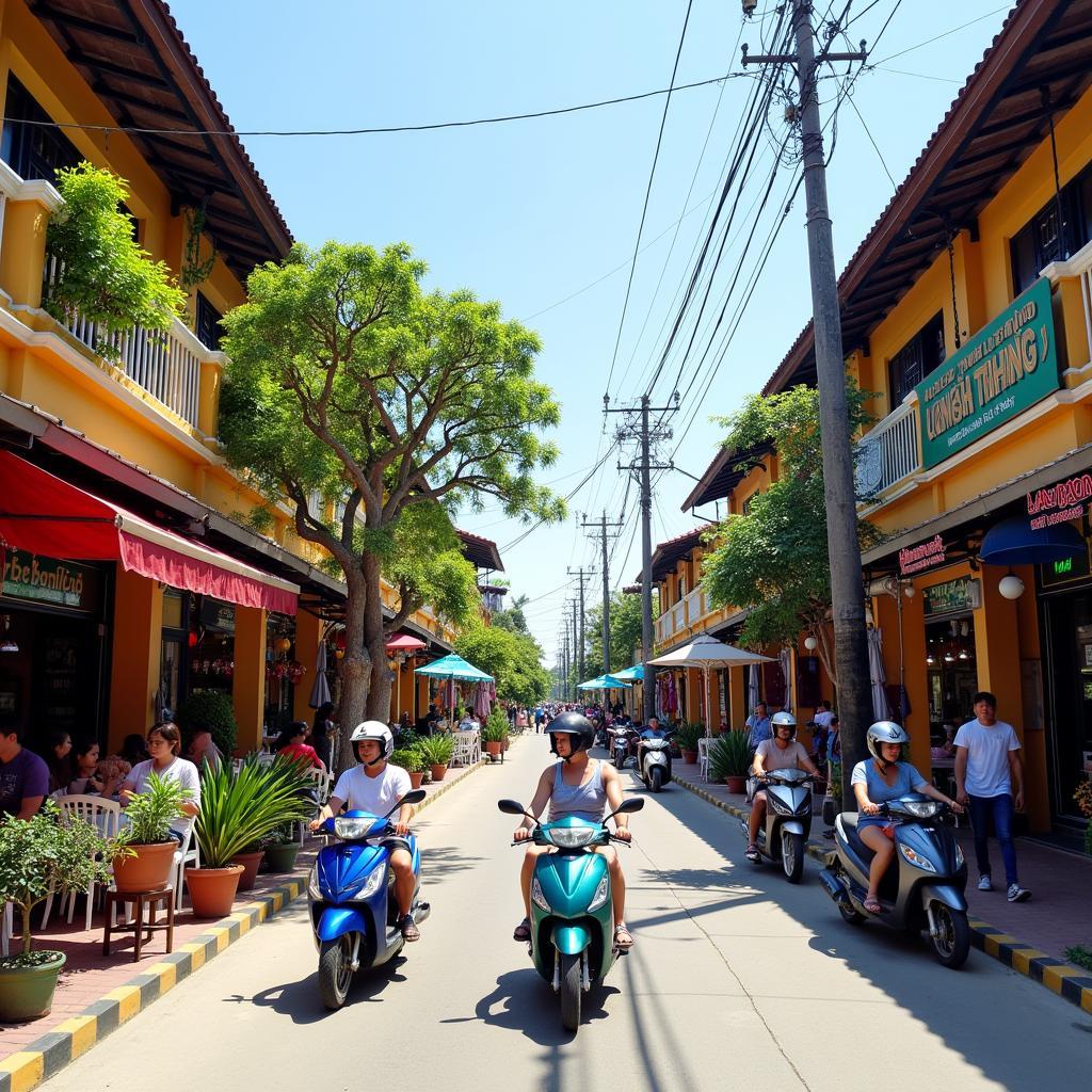 Hình ảnh một góc đường Nguyễn Đình Chiểu Mũi Né với các nhà hàng, quán ăn và du khách đi lại